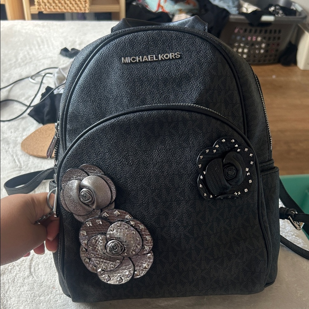 Vintage Michael Kors Black Backpack with Silver Floral Details